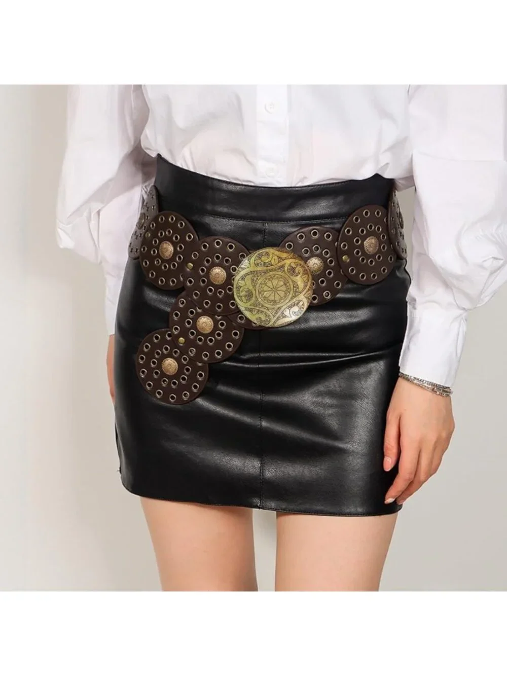 Boho Wide Disc PU Leather Waist Belt with Metal Buckle for Women - Stylish